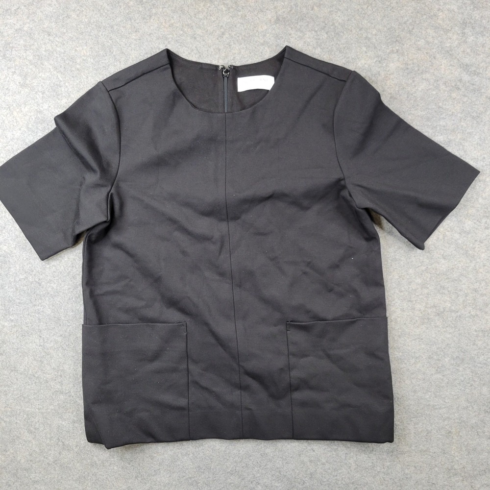 Everlane Blouse Womens Medium Black‎ Crew Neck Short Sleeve Zip Back Pockets